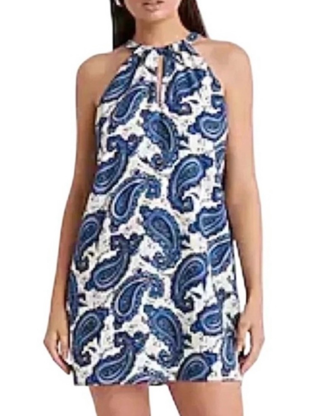 Express Blue Paisley Halter Mini Dress - Lined with Keyhole Neckline